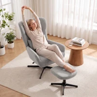 HOMCOM Poltrona Lounge giratória 360° com Pufe, altura ajustável, revestimento em chenille, com almofada lombar, Branco Creme(m-4)