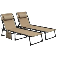Outsunny Portable Sun Lounger Set of 2, Folding Camping Bed Cot, Reclining Lounge Chair 5-position Adjustable Backrest with Side Pocket, Pillow for Patio Garden Beach Pool, Beige(m-1)