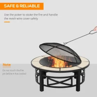 Outsunny 2-in-1 Φ84cm Metal Large Fire Pit, Outdoor Firepit Bowl with Grill, Spark Screen Cover, Fire Poker for BBQ, Garden, Bonfire, Patio, Black(m-5)