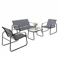 Outsunny Salon de Jardin Ensemble de Terrasse en Acier et Textilène 4 Pièces avec Accoudoirs Corde Tressée Gris(m-11)