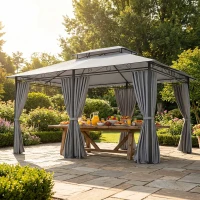 Outsunny Cenador para Jardín 3x4 m Pabellón de Jardín Gazebo con Doble Techo 6 Paredes Laterales Estructura Metálica Gris Oscuro(m-8)