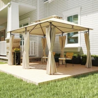 Outsunny Cenador de Jardín de 4x3 m con Doble Techo Paredes Laterales Resistente al Agua para Exterior Terraza Beige(m-9)