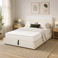HOMCOM Cama Baú 140 x 190 cm, LED RGB, Cabeceira Regulável, Estrado de Cama Duplo Estofado em Veludo, Armazenamento Hidráulico, Creme(m-10)