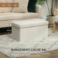 HOMCOM Banc de Rangement 84 L, Pouf Pliable Rembourré en Peluche Teddy, Bout de Lit, Charge 120 kg, 76 x 38 x 38 cm, Crème(m-4)