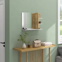 HOMCOM Bamboo Panel Bathroom Mirror, with Shelves - White(m-10)