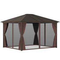 Outsunny Cenador de Jardín 300x365 cm Marco de Aluminio con Cortinas de Doble Capa y Techo Metálico para Reunión Familar Fiestas Bodas Negro y Marrón(m-12)
