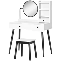 HOMCOM Dressing Table Set with Mirror and Stool, Vanity Makeup Table with 3 Drawers and Open Shelves for Bedroom, Living Room, White(m-10)