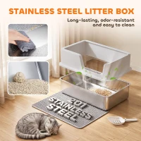 PawHut XL Stainless Steel Cat Litter Tray with Lid, High Sided Cat Litter Box with Scoop and Mat, Light Grey(m-4)
