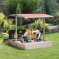 Outsunny Bac à sable carré en bois pour enfants avec bancs toit réglable tableau et jeux  114 x 113 x 110 cm gris(m-10)