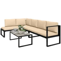 Outsunny Conjunto de Jardín Exterior de 4 Piezas con 2 Sofás de 2 Plazas 1 Sillón sin Brazos y Mesa de Centro con Cojines Caqui(m-10)