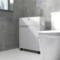 kleankin Armario de Baño Mueble Auxiliar con 4 Ruedas 2 Agujeros para Papel 2 Armarios y Estantes Ajustables 52x17x67 cm Blanco(m-10)