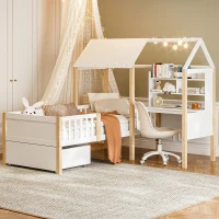 Modern House-Shaped Kids Bed Frame with L-Shaped Desk, Solid Wood Loft Bed with Roomy Rolling Drawers, 195L x 90W x 164.5H cm, White(m-9)