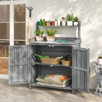 Outsunny Wooden Potting Bench Table with Aluminium Worktop, Outdoor Garden Workbench with Top Shelf and Cabinet Storage(m-10)