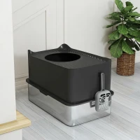 PawHut Bac à litière pour chat en acier inoxydable 85L grande capacité maison de toilette semi-fermée, 60 x 40 x 38 cm noir(m-9)