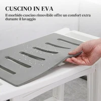 HOMCOM Sgabello da Bagno a 2 Livelli in HDPE con Cuscino in EVA, Ripiano Portaoggetti, Portata 120 kg, Bianco(m-5)
