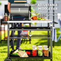 Outsunny BBQ Trolley with Stainless Steel Top Adjustable Shelf, Outdoor Kitchen Barbecue Station with Hooks Seasoning Tray Towel Rack, Pizza Oven Table Movable Grill Dining Cart with Cover, Black(m-6)