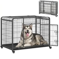 PawHut Cage pour chien pliable cage de transport sur roulettes 2 portes verrouillables plateau amovible dim. 125L x 76l x 81H cm métal gris noir(m-1)