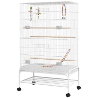 PawHut Cage à oiseaux sur pieds roulettes avec 4 mangeoires et 3 perchoirs 79 x 49 x 133 cm blanc(m-9)