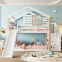 Modern Minimalist Kids Bunk Bed with Slide and Storage Stairs, Solid Wood House Bed for Siblings and Sleepovers, 194L x 90W x 206H cm, White(m-9)