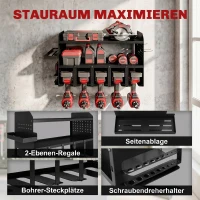 Outsunny Gartenwerkzeug-Organizer 2-stufig Gartengeräte Ständer mit Haken Seitenfach bis 50 kg 61,8 x 23 x 32,7cm Schwarz(m-4)