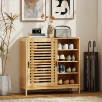 HOMCOM Zapatero con 2 Puertas Correderas de Lamas Estantes Ajustables para 16 Pares de Zapatos 80x35x80 cm Natural(m-2)