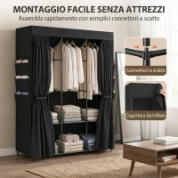 HOMCOM Armadio in Tessuto Salvaspazio con 3 Aste, 3 Ripiani, 6 Tasche Laterali, Ante Antipolvere con Zip, Nero(m-7)