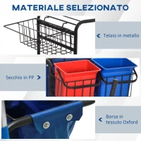 HOMCOM Carrello Pulizie con Sacco per Immondizia, 4 Secchi e Strizzatore per Mocio, 93x80x97 cm, Rosso Blu e Nero(m-6)