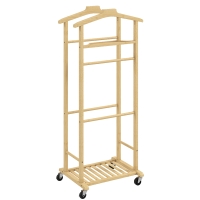 HOMCOM Galán de Noche de Bambú con Ruedas Colgadores Barras para Pantalones Bandeja y Zapatero 47x33,7x105,5 cm Natural