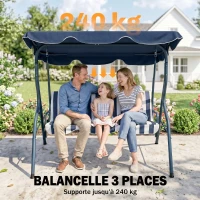 Outsunny Balancelle de Jardin 3 Places Toit imperméabilisé Inclinaison réglable Coussins Assise Dossier Bleu Blanc rayé(m-5)
