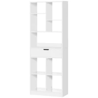 HOMCOM Estantería de Madera con 1 Cajón y 9 Compartimentos Mueble Librería para Salón Oficina Estudio 60x26x158cm Blanco(m-12)