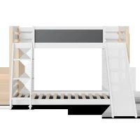 Modern High Sleeper Bunk Bed Frame with Slide and Storage Stairs, Solid Wooden Childrens Loft Bed with Safety Guardrails, 194L x 124W x 148H cm, White(m-2)