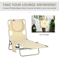 Outsunny Foldable Sun Lounger, Beach Chaise Lounge with Reading Hole, Arm Slots, 5-Position Adjustable Backrest, Side Pocket, Pillow for Garden, Beach, Camping, Beige(m-7)