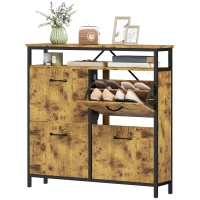 HOMCOM Schuhschrank mit 4 klappbaren Schubladen, schmales Design, offenes Regal, für 12-20 Paar Schuhe, Stahl, Braun(m-11)