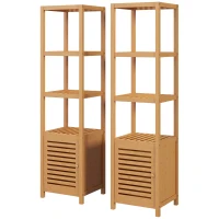 HOMCOM Lot de 2 meubles colonne rangement salle de bain bambou design naturel 36L x 33l x 140H cm 4 étagères 8 niveaux + placard(m-12)