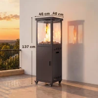 Outsunny Estufa de Gas para Terraza 13 kW con Encendido Piezoeléctrico Antivuelco 4 Ruedas Vidrio Templado Piedras de Lava Negro(m-3)