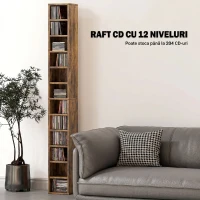 HOMCOM Bibliotecă suport pentru CD-uri cu 12 polițe, pentru 204 CD-uri, din MDF și PAL, 21x20x175 cm, maro rustic(m-4)