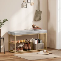 HOMCOM Bench and Shoe Storage, Tufted Shoe Storage Bench with Velvet Seat Cushion Gold Steel Frame for Entryway, Grey(m-10)
