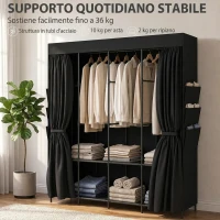 HOMCOM Armadio in Tessuto Salvaspazio con 3 Aste, 3 Ripiani, 6 Tasche Laterali, Ante Antipolvere con Zip, Nero(m-6)