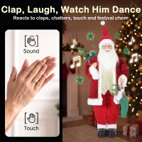 HOMCOM 4ft Life Size Singing Dancing Santa Claus, 120 cm Standing Musical Animated Santa with Stocking, Sack, Posable Arms, Handcrafted, Sound Touch Activated, Moving Christmas Figure Decor(m-5)