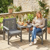 Outsunny Wooden Garden Bistro Set, 2 Seater Wooden Outdoor Table and Chairs with Parasol Hole for Patio, Light Grey(m-10)