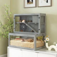 PawHut Cage Hamster en Bois, 3 Niveaux avec Cabane, Roue, Rampes, Panneau Transparent, Espaces Séparés, 80x50x84cm, Gris(m-10)