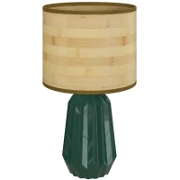HOMCOM Lámpara de Mesa con Base de Cerámica y Pantalla de Lino Estilo Retro para Dormitorio 40W Verde y Madera Natural(m-1)