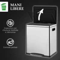 HOMCOM Bidone Immondizia a 2 Sezioni da 15L a Pedale con Coperchio Silenzioso, in Acciaio Inox e PP, 40x34.8x47.5 cm(m-5)