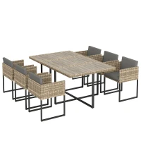 Outsunny 7 Piece Rattan Garden Furniture Set, Garden Dining Set with Wood-Plastic Table and 6 Stackable Chairs, Light Brown(m-1)