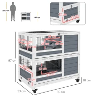 PawHut Conigliera in Legno da Interno a 2 Livelli con Ruote, Vassoi Estraibili e Rampe, Grigio(m-3)