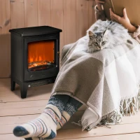 HOMCOM Electric Fireplace Stove, Free standing Fireplace Heater with Realistic LED Flame Effect and Adjustable Brightness, Overheat Safety Protection, 900W/1800W, Black(m-2)