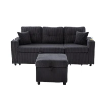 Modern Corduroy Sofa Bed with Pull-Out Bed, Storage and LED Lighting, Plush Sleeper Couch for Living Rooms, 196L × 82W × 85H cm, Dark Gray(m-18)
