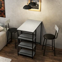 HOMCOM Ensemble table de bar avec 2 tabourets et étagères de rangement pour salle à manger, cuisine, gris et noir(m-2)