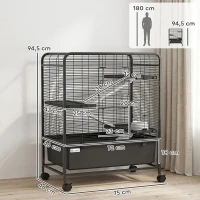 PawHut Gabbia per Conigli in Acciaio a 4 Livelli con Piattaforme, Rampe, Ruote, Serbatoio Acqua e Vassoio Rimovibile, Nero(m-3)