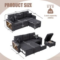 Modern Corduroy Sofa Bed with Pull-Out Bed, Storage and LED Lighting, Plush Sleeper Couch for Living Rooms, 196L × 82W × 85H cm, Dark Gray(m-3)